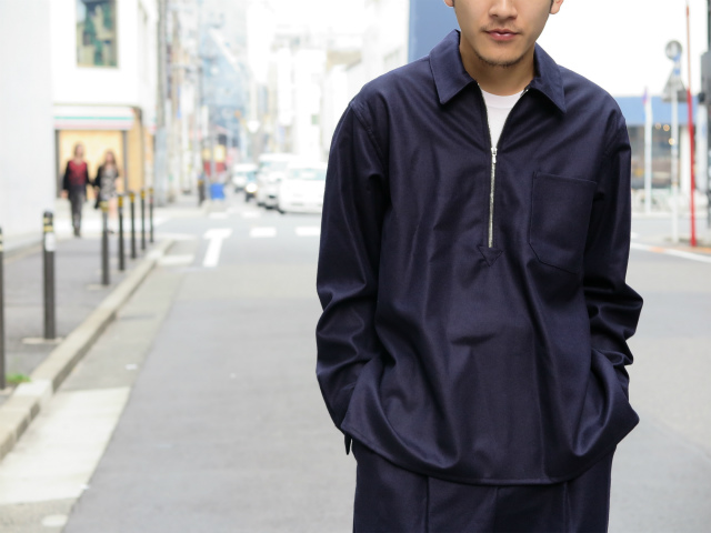 COMOLI】23SS カシミヤ和紙 ハーフジップシャツ 【NAVY】3-